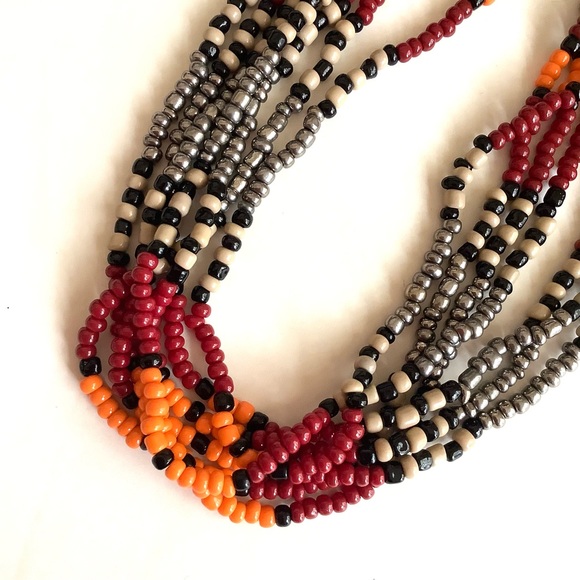 Beaded red and silver multistrand boho festival necklace - Picture 2 of 3